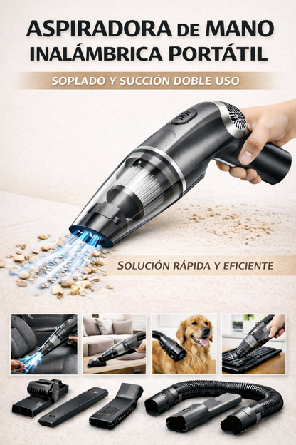 Aspiradora de Mano Inalámbrica Portátil para Auto, Doble Uso, Soplado y Succión, con Múltiples Boquillas para Auto, Hogar, Mascotas y Oficina